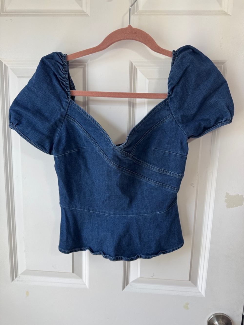 Fashion Nova Dark Blue Puff-Sleeve Denim V-Neck Top